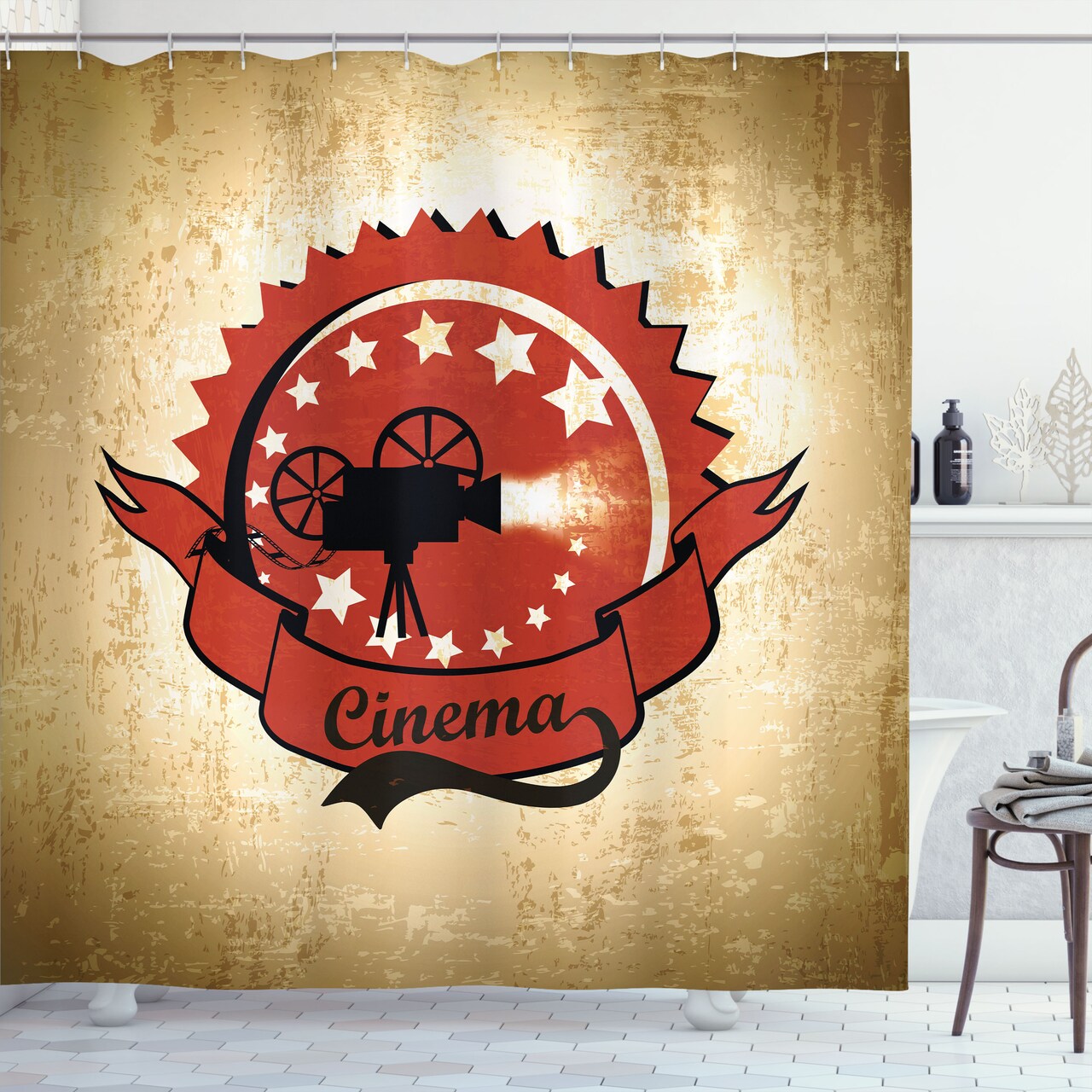 Ambesonne Movie Theater Shower Curtain, Old Movie Surrounded by Stars on Grungy Background, Cloth Fabric Bathroom Decor Set with Hooks, 69" W x 70" L, Pale Brown